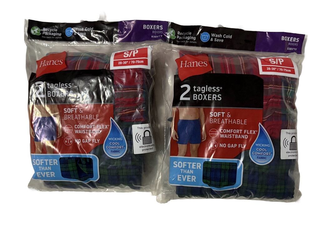 Hanes Mens Tagless Boxers Small Plaid 2 Packs 4 Total Comfort Flex NEW Sealed